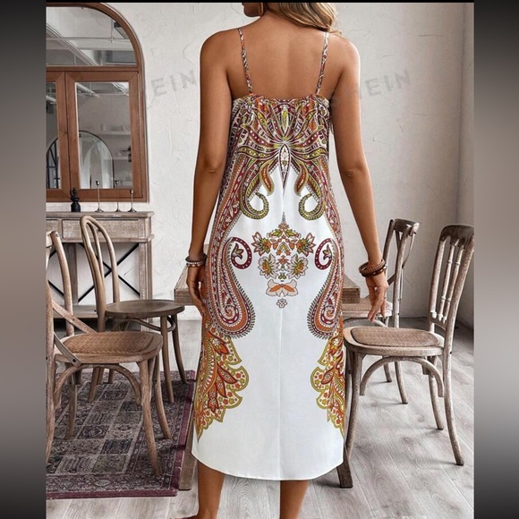 Bohemian Style Printed Spaghetti Strap, Orange, Red Gypsy long boho dress size L - Picture 3 of 6